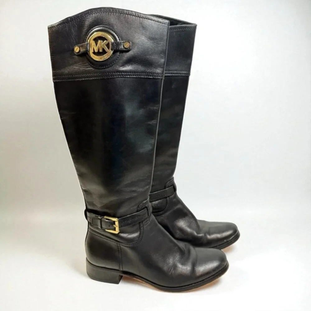 Michael Kors Black Tall Leather Riding Boots Size 7 Stockard Equestrian Jockey